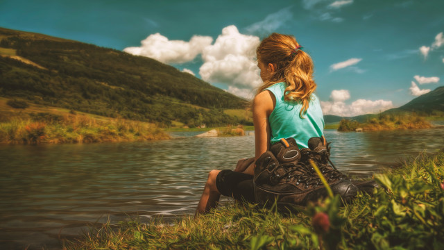 Woman lake mountains hiking boots free wallpaper for desktop - medium preview image