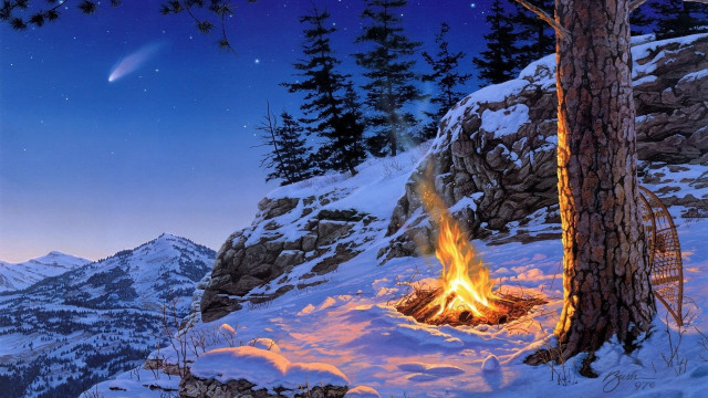 Fire snow tree mountains night free wallpaper for desktop - medium preview image