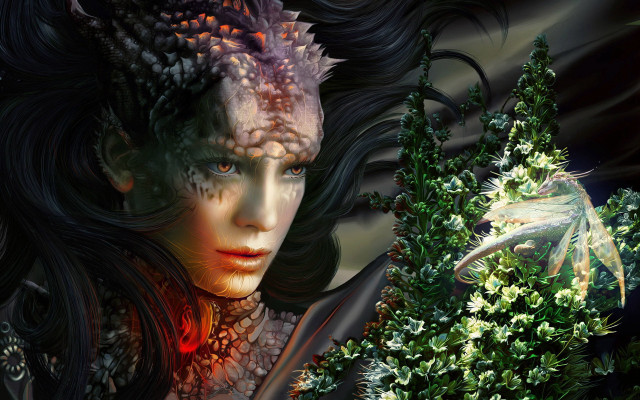 Woman dragon plant jewelry fantasy free wallpaper for desktop - medium preview image