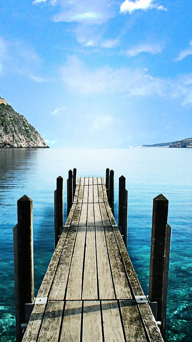Wooden dock ocean mountain blue free wallpaper for mobile - medium preview image