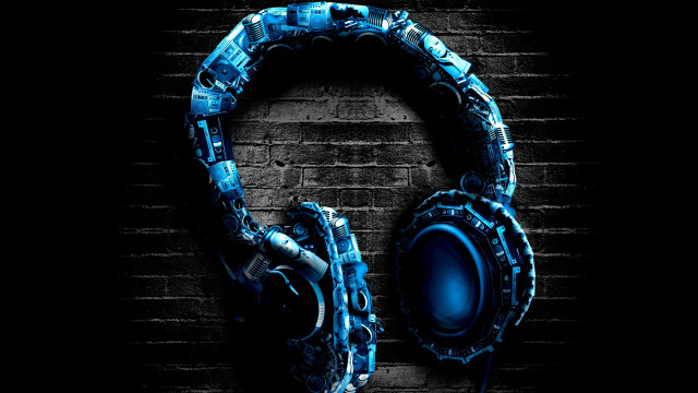 Headphones brickwall dark blue rain free wallpaper for desktop - medium preview image