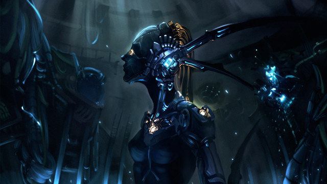 Futuristic woman sword dark room free wallpaper for desktop - medium preview image