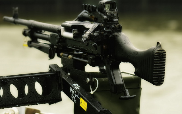 Machinegun stand river yellowtag photorealism free wallpaper for desktop - medium preview image