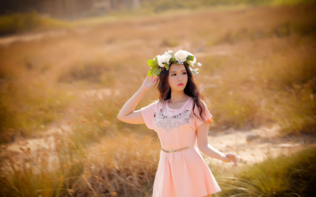 Girl pink dress flower crown free wallpaper for desktop - medium preview image
