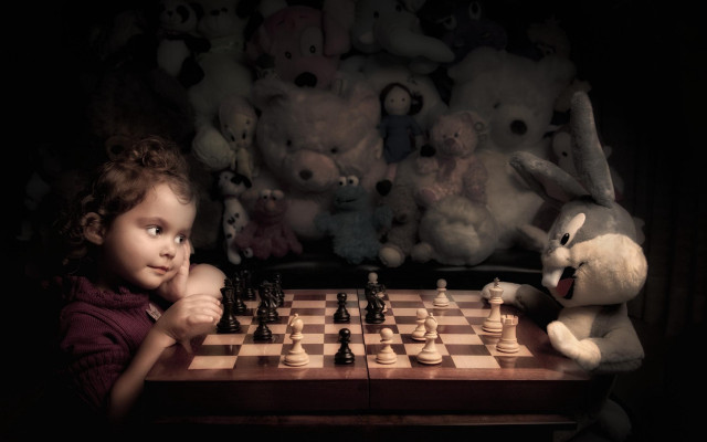 Little girl playing chess stuffed free wallpaper for desktop - medium preview image