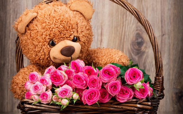 Teddy bear basket roses wood free wallpaper for desktop - medium preview image