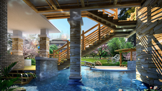 Pool waterfall staircase urban architecture free wallpaper for desktop - medium preview image