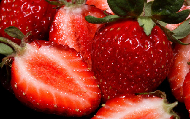 Strawberries leaves macro photorealism food free wallpaper for desktop - medium preview image