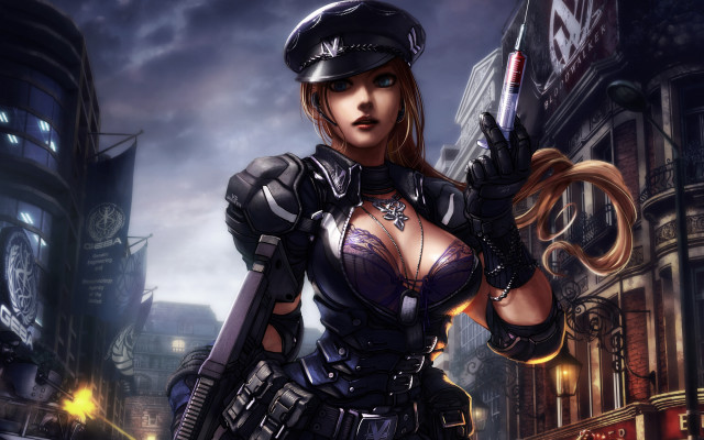 Woman police cyberpunk city night free wallpaper for desktop - medium preview image