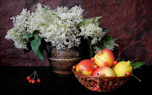 Basket flowers fruit table vase free wallpaper for desktop - medium preview image