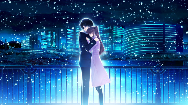 Couple cityscape night snow falling free wallpaper for desktop - medium preview image