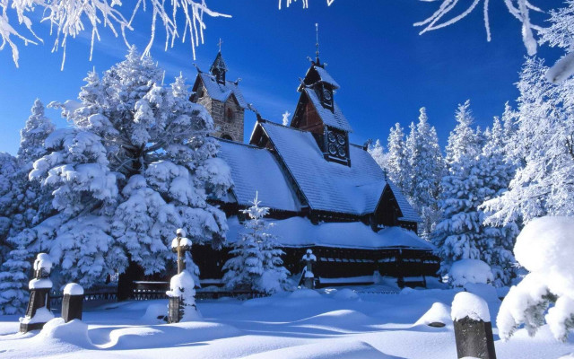 Church snowy forest blue sky #2 free wallpaper for desktop - medium preview image