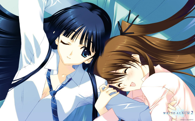 Anime girls hugging hand holding free wallpaper for desktop - medium preview image