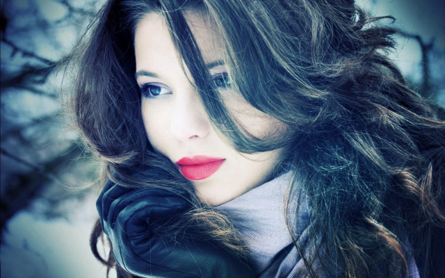 Woman red lipstick snow tree free wallpaper for desktop - medium preview image