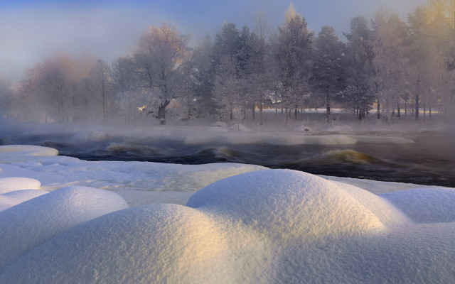 River snow trees fog mountain free wallpaper for desktop - medium preview image