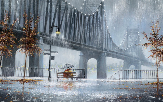 Couple bench bridge rain streetlight free wallpaper for desktop - medium preview image