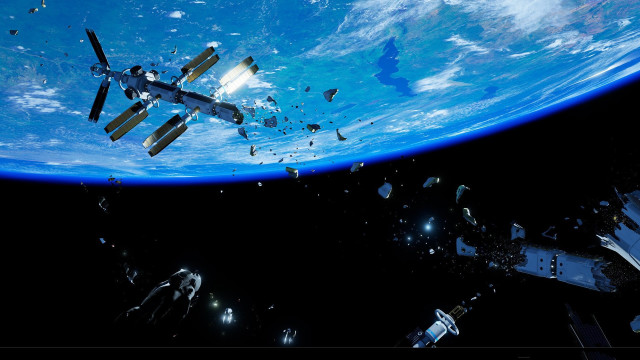 Space station blue planet debris free wallpaper for desktop - medium preview image