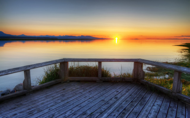 Wooden deck lake sunset mountains free wallpaper for desktop - medium preview image