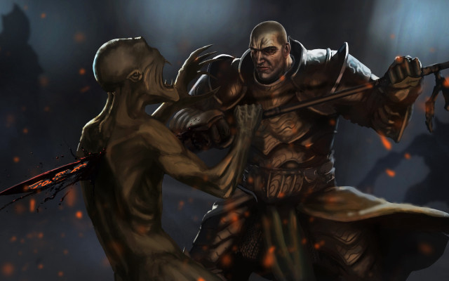 Bald man sword demon cave free wallpaper for desktop - medium preview image