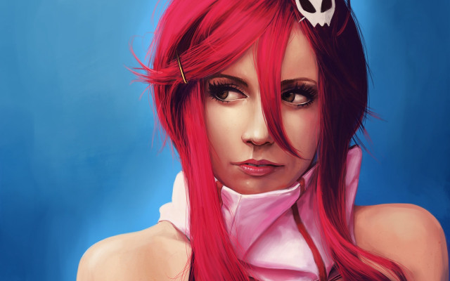 Redhair skullheadband pinkshirt photorealism portrait free wallpaper for desktop - medium preview image