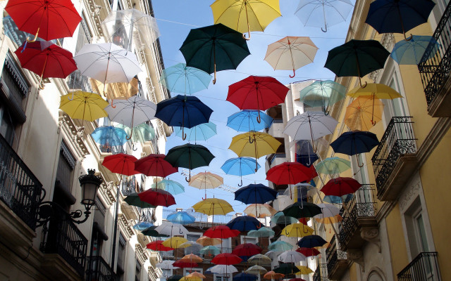 Colorful umbrellas street surrealist neo free wallpaper for desktop - medium preview image