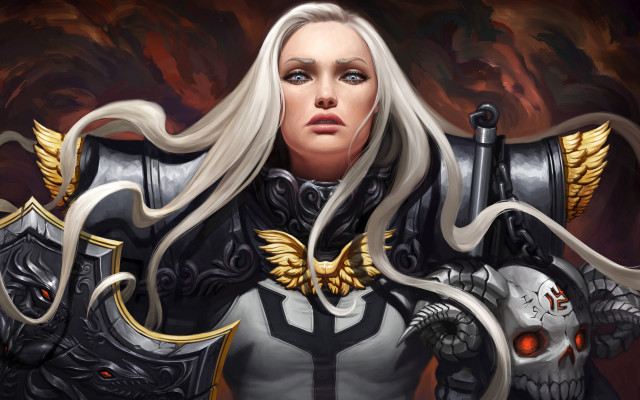 White haired armor sword skull free wallpaper for desktop - medium preview image