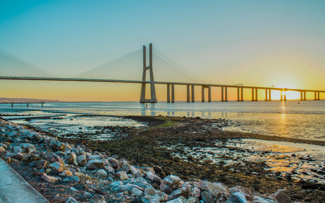 Bridge water sunset clouds land free wallpaper for desktop - medium preview image