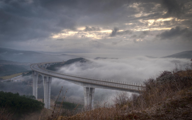 Bridge river fog mountain dusk free wallpaper for desktop - medium preview image