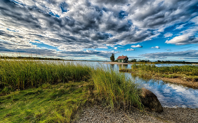 House island lake cloudy sky free wallpaper for desktop - medium preview image