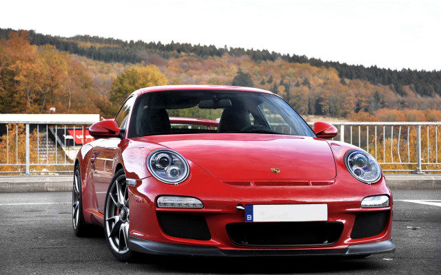 Red porsche mountain trees parking free wallpaper for desktop - medium preview image