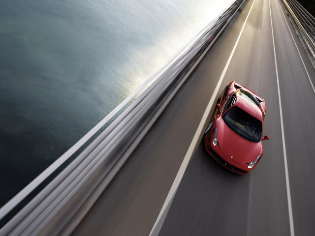 Red sports car highway water free wallpaper for desktop - medium preview image