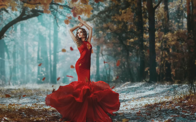Red dress forest autumn leaves #2 free wallpaper for desktop - medium preview image