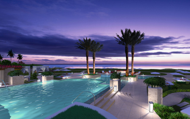 Large pool palm trees sunset free wallpaper for desktop - medium preview image