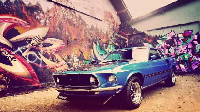 Blue mustang graffiti wall vintage free wallpaper for desktop - medium preview image