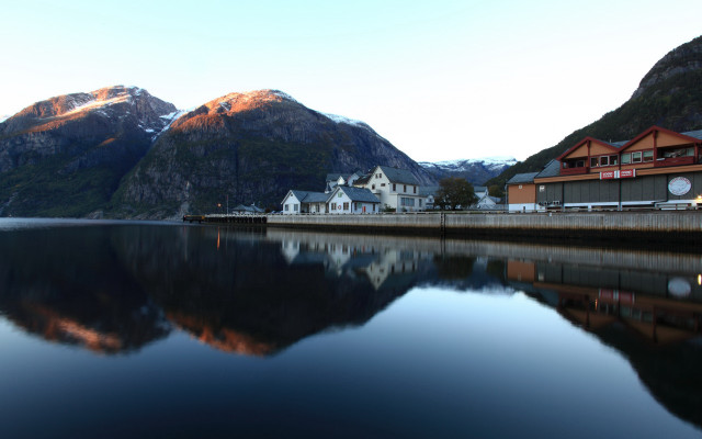 Lake mountain building reflections art free wallpaper for desktop - medium preview image