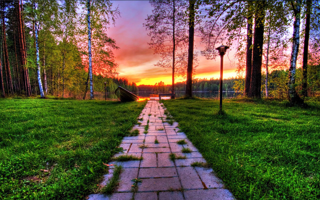Sunset path grass light pole free wallpaper for desktop - medium preview image