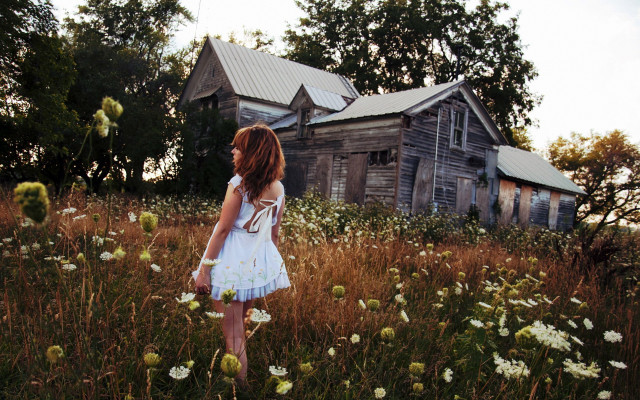 Girl flower field house architecture free wallpaper for desktop - medium preview image