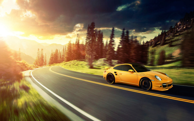 Yellow sports car road sunset free wallpaper for desktop - medium preview image
