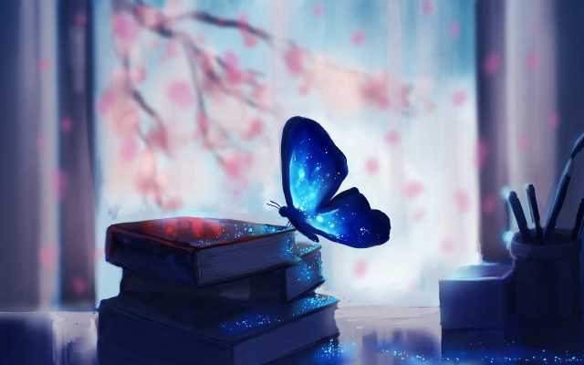 Blue butterfly over books spring free wallpaper for desktop - medium preview image