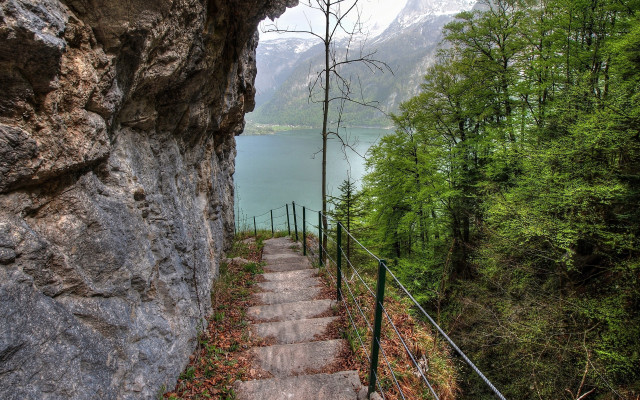 Stone path lake trees mountains free wallpaper for desktop - medium preview image