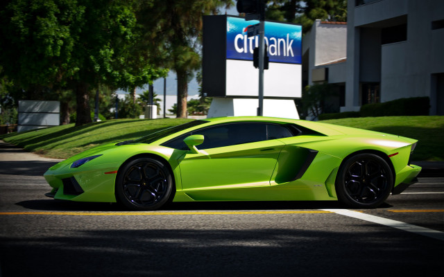 Lime green sports car bank free wallpaper for desktop - medium preview image