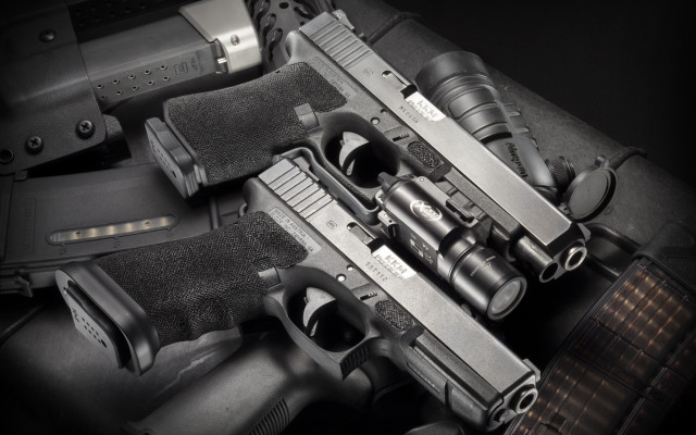 Guns guncase table blackwhite precisionism free wallpaper for desktop - medium preview image