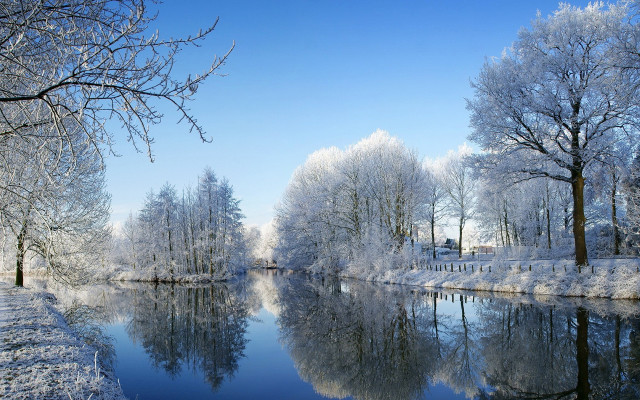 River snow covered trees blue free wallpaper for desktop - medium preview image
