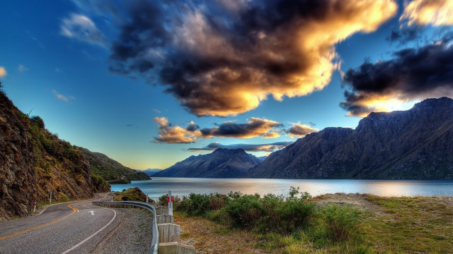 Mountain lake road cloudy sky free wallpaper for desktop - medium preview image