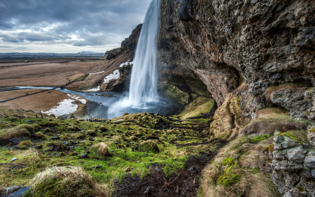 Waterfall river mountains grassy horizon free wallpaper for desktop - medium preview image