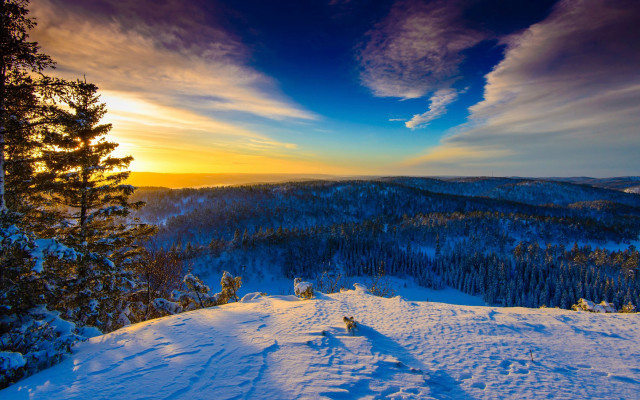 Sunset snowy mountain trees clouds #5 free wallpaper for desktop - medium preview image