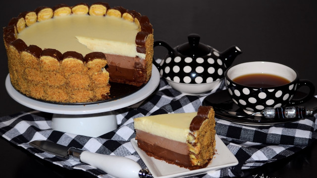 Cake slice tea checkered rococo free wallpaper for desktop - medium preview image