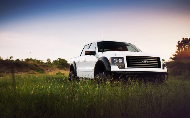 White truck tallgrass sunset tiltshift free wallpaper for desktop - medium preview image