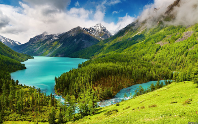 Mountain lake green trees cloudy free wallpaper for desktop - medium preview image