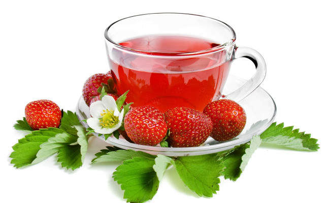 Cup tea strawberries flowers saucer free wallpaper for desktop - medium preview image